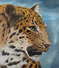 a painting of a leopard with green eyes