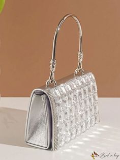 BirdinBag - Chic Mini Square Bag with Rhinestone Accent, Ideal for Glamorous Parties Top Handle Rhinestones Event Bag, Rhinestone Top Handle Bag For Events, Formal Rhinestone Top Handle Bag, Glamorous Silver Bag With Detachable Handle, Glamorous Rectangular Evening Bag With Top Handle, Glamorous Silver Square Bags, Embellished Silver Top Handle Bag, Silver Embellished Top Handle Bag, Glamorous Silver Top Handle Bag