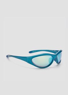 a pair of sunglasses with blue frames and mirrored lenses on the top of it