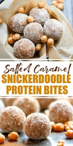 two pictures showing the process of making baked caramel snickkerdoodle protein bites