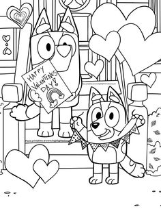 an image of cartoon characters with hearts in the background for valentine's day coloring pages