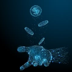 a hand throwing coins into the air with blue lines and dots around it on a dark background