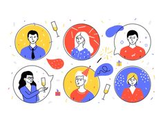 people are talking and having conversation with each other in the same speech bubbles, surrounded by confetti