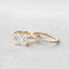 Princess Cut Moissanite Engagement Ring Set 2pcs - Felicegals Hidden Halo Engagement Ring, Princess Cut Moissanite, Detailed Engagement Ring, Diamond Wedding Rings Sets, Yellow Engagement Rings, Solid Gold Band, Princess Cut Engagement Rings, Yellow Gold Engagement Rings, Eternity Wedding Band