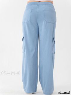 Olivia Mark - Womens Plus Size High Stretch Wide Leg Cargo Jeans with Flap Pockets - Solid Elastic Casual Denim Spring Bottoms With Pockets For Everyday Use, Medium Wash Cotton Bottoms For Everyday, Everyday Light Wash Cargo Jeans With Pockets, Everyday Denim Bottoms With Pockets, Everyday Blue Cargo Jeans With Pockets, Casual Blue Cargo Jeans, Casual Cotton Bottoms For Everyday Use, Cotton Bottoms With Pockets For Everyday Use, Casual Denim Blue Bottoms