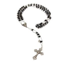 This magnificent antique silver and onyx rosary necklace is crafted in 800 silver with a double strand chain link and oval shape diamond cut black onyx beads strung between the two chains, attached just above the centerpiece is a small silver frame with Jesus portrait and dangling below is another similar style with the chain and onyx and a beautiful silver carved Cross pendant with a very intricate sculpted Jesus.  This will make a very heartwarming gift for your loved one, get it in time for t Jesus Portrait, Cross Rosary, Rosary Necklace, Onyx Bead, Bead Stringing, Silver Cross, Silver Frame, Diamond Cut, Rosary