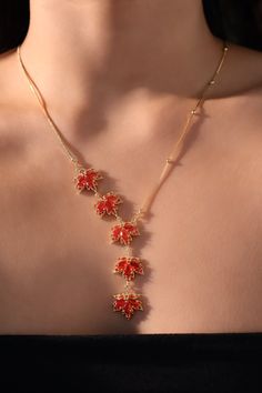 18K Real Gold Plated Maple Leaves Necklace – Cutethingscommin Exquisite Gold Ruby Necklaces, Gold Garnet Gemstone Necklace, Elegant Red Coral Gemstone Necklace, Red Tarnish-resistant Gold-plated Necklace, Maple Leaf Necklace, Leaves Necklace, Red Gemstones, Maple Leaves, Jewelry Boards