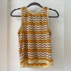 Metallic Knit Top From Mango, Size Medium, New With Tags. Has A Tie Back Collar And Is Slightly Cropped. The Thread Forming The Zig Zag Pattern Is A Copper Color. Yellow And Orange Threads Are Shimmery. Kind Of Retro!! Black Crop Top Tank, Black Sleeveless Blouse, Metallic Knit, Flowy Shirt, Mango Tops, Linen Tank Top, Linen Tank, Green Tank Top, Sequin Tank