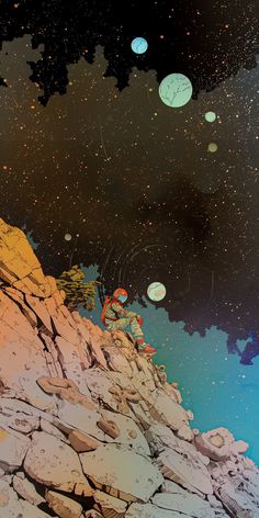 a man standing on top of a rocky cliff under a sky filled with stars and planets