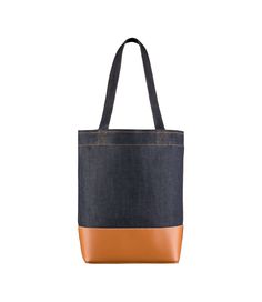 A.P.C. tote bag. - Tote bag in Japanese canvas.- Two large handles. May be carried on shoulder or by hand.- Wide band in smooth leather on bottom of bag.- Reinforced base.- Interior zip pocket.- Large A.P.C. logo in front.- Caramel topstitching on the denim. Faux Leather Bag, Exclusive Clothing, C Logo, Japanese Denim, Backpack Tote Bag, Japanese Fabric, Wide Bands, Tote Backpack, Weekender Bag