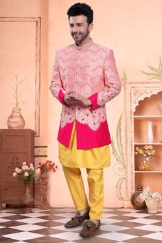 Looking for a unique and stylish sherwani? Check out our Mens Sherwani- U2-S402. With mirror, sequin, and beads embroidery, this piece will surely make you stand out. In a one-of-a-kind color combo. Pink Kurta With Chikankari Embroidery For Reception, Pink Chikankari Embroidery Kurta For Reception, Designer Nehru Jacket With Mirror Work For Diwali, Designer Nehru Jacket With Mirror Work For Festivals, Designer Ceremonial Kurta With Mirror Work, Bollywood Style Festive Sherwani With Sequins, Pink Kurta For Reception And Transitional Season, Bollywood Style Pink Kurta With Sequins, Designer Sequined Kurta For Festive Occasions