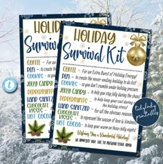 two holiday survival kit cards in front of snow covered trees with bells and evergreens