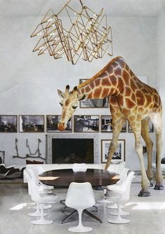 a giraffe is standing in the middle of a room with chairs and tables