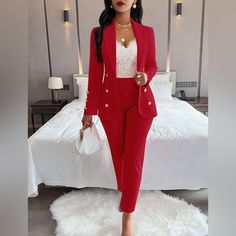 Look Stylish And Professional In This Chic Womens Pants Suit! Crafted With A Beautiful Red Hue, This Ensemble Features An Open Front And Brings Sophistication To Any Outfit. With A Versatile Look That Is Perfect For Both Casual And Formal Occasions, You Will Love Styling The Pieces Of This Pant Suit Together Or Separately. The Bright Red Color Exudes Subtle Sophistication For A Timeless Look That Can Never Go Wrong. Elevate Your Wardrobe With This Timeless Addition. - Red -Open Front -Womens Pan Womens Red Suits, Formal Sets For Women, Blue Zone, Suit Blue, Suit Collar, Blazer Set, Classic Suit, Knit Style, Elegant Red