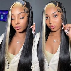 Black Wig Blonde Streaks, Black And Blonde Lace Front Wig, Black And White Skunk Stripe Hair, Straight Hair With Color, Black Women Hairstyles Wigs, White Skunk Stripe Hair, Black And Blonde Sew In, Highlights Wigs For Black Women, Black Wig With Blonde Highlights