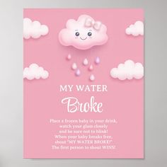 a pink poster with a cute cloud and raindrops hanging from it's sides