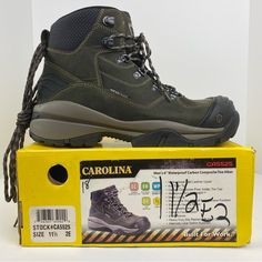 Carolina Size 11.5ee, 8ee Wide Men’s Green Leather Waterproof Safety Carbon Composite Toe Lace Up Hiking Boots Nib Safety Boots With Gore-tex And Round Toe, Steel Toe Ankle Hiking Boots For Outdoor Activities, Casual Leather Waterproof Boots For Safety, Steel Toe Waterproof Ankle Boots For Adventure, Waterproof Steel Toe Ankle Boots For Adventure, Adventure Waterproof Ankle Boots With Steel Toe, Weatherproof Work Boots With Round Toe, Waterproof Moc Toe Hiking Boots For Safety, Weatherproof Ankle Work Boots For Outdoor