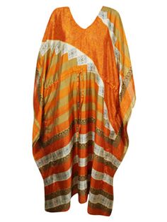 Women Boho Beach Kaftan, Tiger Orange Silk Maxi Kaftan L-2X The Bohemian Summer Caftan, handmade from recycled silk saris is ideal for vacations or resort days. This relaxed kimono-style maxi dress is a combination of casual luxury and eco-conscious fashion. Featuring an adjustable drawstring waist and crafted from recycled materials, these boho dresses are great housedresses or versatile beach cover-ups. With the surge in popularity of boho weddings set against natural backdrops, the comfortabl Silk Free Size Kaftan For The Beach, Summer Festival Silk Kaftan, Festive Silk Kaftan For Beach, Festive Free Size Kaftan For Beach, Festive Free-size Kaftan For The Beach, Silk Kaftan For Festive Vacation, Festive Silk Kaftan For Vacation, Summer Caftan, Beach Kaftan