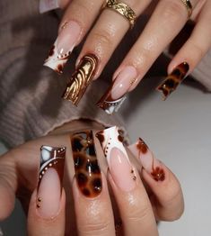 Fall Nails Brown, Beige Nails Design, Acrylic Nails Nude, Brown Acrylic Nails, Long Square Nails, Nails Brown, Airbrush Nails, Edgy Nails