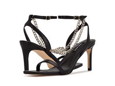 Nine West Tallo 3 - Women's Shoes : Black : Feel like an absolute diva when you slay in the sexy Nine West Tallo 3 strappy sandals. Faux leather upper. Man-made lining. Open square toe. Metallic chain embellishment. High heels. Ankle strap with buckle closure. Man-made outsole. Imported. Weight of footwear is based on a single item, not a pair. High Heel Sandals With Multiple Straps For Party, Synthetic Strap Sandals For Night Out, Party Sandals With Multiple Straps And High Heels, Trendy Strappy Evening Heels, Trendy Strapped Heels For Evening, Trendy Strappy Heels For Evening, Chain Strap Open Toe Sandals For Night Out, Trendy Chain Strap Sandals For Party, Open Toe Heels With Chain Strap For Party