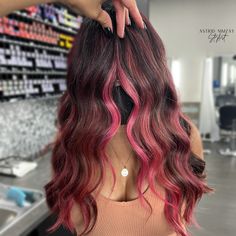 Pink And Blonde Highlights In Brown Hair, Dark Roots Pink Hair Balayage, Pink Bayalage Hair, Pink Hair Color Ideas For Brunettes, Pink Hair Streaks Brunette, Hot Pink Highlights In Brown Hair, Brown To Pink Hair, Pink Highlights Brown Hair, Pink Balayage Brunette