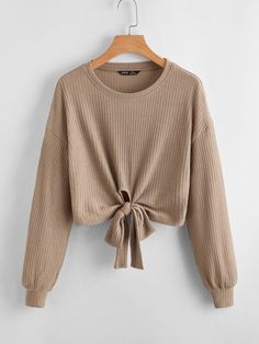 Boho Long Sleeve Shirt, Khakis Outfit, Plain Tee Shirts, Blouse Korea, Shoulder Knots, Rib Knit Top, Outwear Women, Fun Sweatshirts