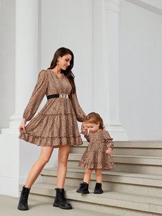 Mom And Me Bow Dress Women's V-Neck Leopard Print Long Sleeve High Waist Belted Ruffle Hem Layered Dress, Ladies Casual Ruffle Hem Long Sleeve V Neck Loose Short Multicolor Bishop Sleeve All Over Print, Textured Pattern A Line Women Short Dresses, Spring/Fall, Casual Daily Wear Multicolor Casual  Long Sleeve Woven Fabric All Over Print,Textured Pattern A Line Non-Stretch Summer Women Clothing, size features are:Bust: ,Length: ,Sleeve Length: Mom And, Ribbed Knit Bodycon Dress, Mom And Me, Dresses Spring, Layered Dress, Bow Dress, Bishop Sleeve, Layer Dress, Dress For Short Women