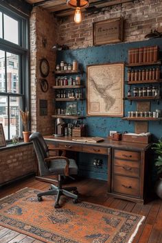 an office with brick walls and wooden floors