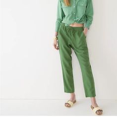 Jcrew New Seaside Linen Blend Pants Nwt Size Small Tall Utility Green New With Tags The Seaside Pants Are A Favorite Through The Years. They Have Been Updated Featuring Perfecting Pockets, Llinen Tencel Blend Fabric, And A Breezy Styling. This New Look Can Carry Into Fall. Elastic Waist With Embroidered Drawstring For Ease Of Dressing And Comfort. Flattering Straight Leg And Patch Pockets. Lightweight & Comfortable. Easy To Style For Everyday Wear. Color Is An Avocado Blue Green Cast. High Rise Relaxed Spring Workwear Pants, Green Pants With Pockets For Daywear, Green Cotton Pants For Daywear, Green Bottoms With Pockets For Daywear, Casual Pants With Straight Hem For Daywear, Green Relaxed Fit Pants For Workwear, Summer Daywear Green Pants, Green Summer Pants For Daywear, Summer Green Pants For Daywear