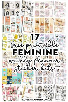 the free printable feminine planner stickers is shown with text overlaying it