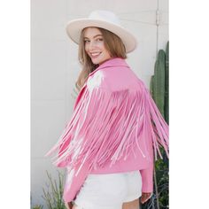 Pink Fringe Faux Leather Jacket - Shop Amour Boutique Edgy Jacket, 2023 Graduate, Dyt Type 1, Fringe Leather Jacket, Peacoats, Two Piece Pants Set, Biker Jackets, Fringe Jacket, Moto Style