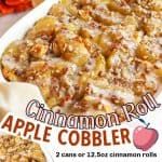 an advertisement for apple cobbler with cinnamon roll toppings on the front and side