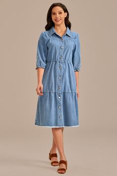 Long Sleeve Chambray Dress, Tiered Mini Dress, Tiered Midi Dress, Wide Brimmed Hats, Tiered Dress, Wide Brimmed, Blue Pattern, Sewing Ideas, Front Pocket