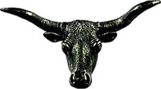 a bull's head with long horns is shown in black and silver colors on a white background