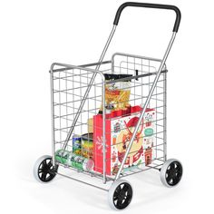 a silver shopping cart filled with food and drinks on top of a white flooring