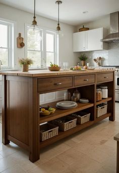 a kitchen island with baskets on it