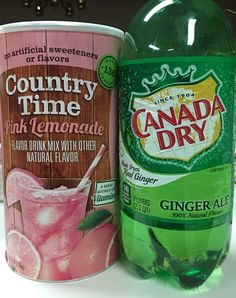 a can of pink lemonade next to a cup of ice tea and a container of ginger ale