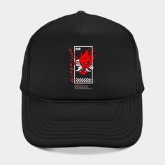 a black trucker hat with the image of a red dragon on it's side