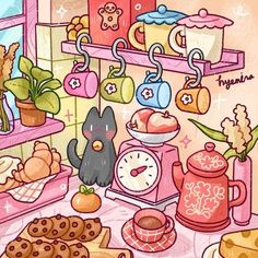 an image of a kitchen scene with food on the counter and in the background there is a clock