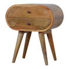 a small wooden table with two legs and a drawer on the bottom, in front of a white background