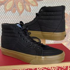 Vans Unisex Sk8-Mid Reissue Reflective Skate Shoe Canvas Gum Black/Light Gum Vans Sk8-Hi Reissue -Fall 2017- Black/Blanc De Blanc Rubber Sole Shaft Measures Approximately 2.24" From Arch Vintage Canvas Upper Represents Timeless Skate Style Sk8-Hi Reissue (Canvas Gum) Black/Lghtgm Vn0a2xsbl0d Sneakers Vans Black Sneakers For Fall, Black Vans Sneakers For Fall, Fall Black Vans Sneakers, Custom Slip On Vans, Burgundy Vans, Maroon Vans, Vans Checkered, Purple Sneakers, Top Sneakers Women