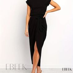 Ebeek - Sophisticated Short Sleeve Midi Dress with Knot Detail - Womens Split Solid Dress Short Sleeve Midi Dress, Midi Short Sleeve Dress, Sleeve Midi Dress, Solid Dress, Summer Fall, Black Color, Knit Fabric, Knot, Split