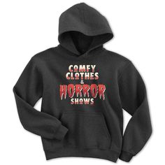 Comfy Clothes & Horror Shows Youth Hoodie - Chowdaheadz Halloween Hip Hop Hoodie With Letter Print, Halloween Hip Hop Sweatshirt With Letter Print, Hip Hop Halloween Sweatshirt With Letter Print, Hip Hop Halloween Hoodie With Graphic Print, Pop Culture Hooded Sweatshirt For Fall, Pop Culture Hoodie Sweatshirt For Fall, Pop Culture Fall Hoodie Sweatshirt, Fall Pop Culture Hoodie Sweatshirt, Spooky Cotton Hoodie For Halloween