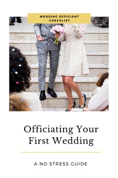 a man and woman standing next to each other in front of some stairs with confetti