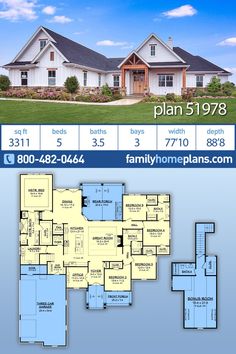 two story house plan with 3 car garage and living room in the middle, large front yard