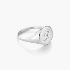 Luna Round Initial Ring - Silver | Oak & Luna Personalized Classic Signet Ring For Promise, Modern Signet Ring With Engraving Option For Promise, Classic Engraved Tarnish-resistant Open Ring, Timeless Sterling Silver Personalized Initial Ring, Minimalist Open Signet Ring With Engraving Option, Minimalist Formal Rings With Engraving Option, Minimalist Formal Ring With Engraving Option, Classic Wedding Ring With Engraving Option, Modern Engraved Open Initial Ring