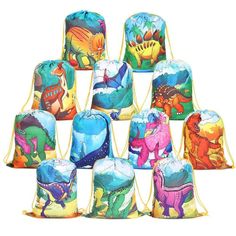 twelve dinosaurs printed drawsack bags in various colors and sizes, with the number one on each