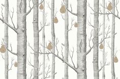 a wallpaper with trees and pears on the tree branches, in grey and white