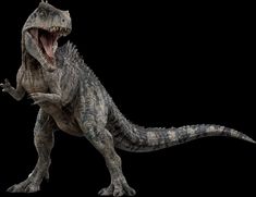 a large dinosaur with its mouth open and it's teeth wide open, standing in front of a black background