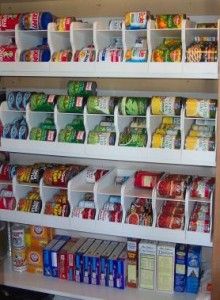 the shelves are filled with many different types of food